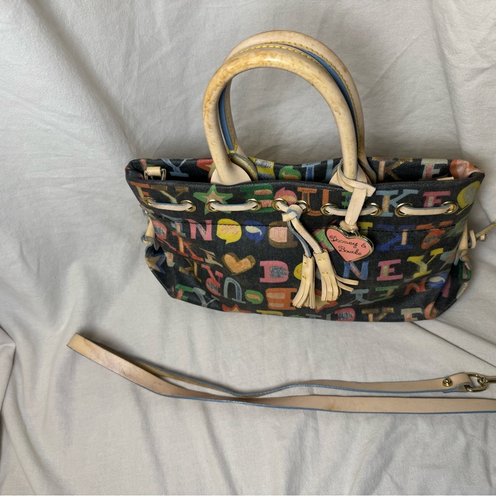 Dooney & Bourke Multicolor Alphabet Canvas Shoulder Bag with Cream Leather Trim